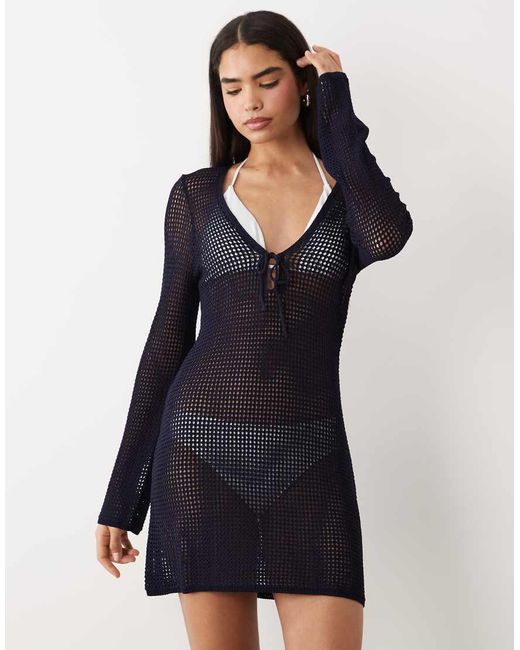 GOOD AMERICAN Blue Scoop Neck Tie Front Crochet Mini Beach Dress