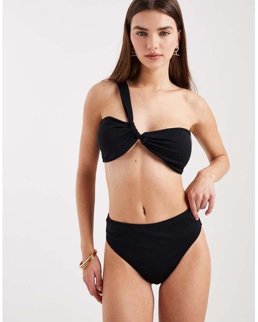4th & Reckless Black Crinkle One Shoulder Twist Detail Bikini Top Co-ord