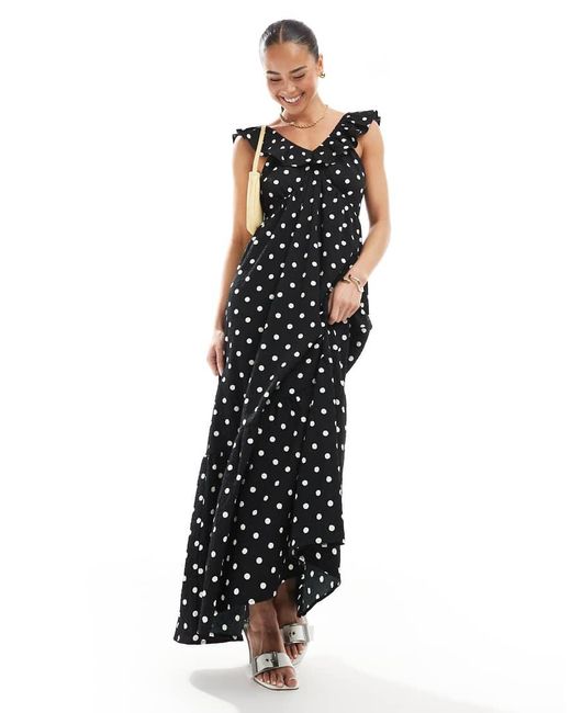 Brave Soul Black Polka Dot Maxi Dress With Ruffle Detail