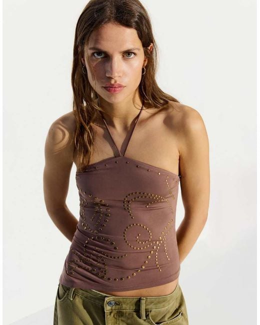 Bershka Brown Studded Halter Top