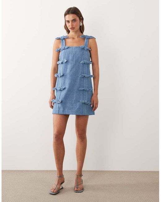 Sister Jane Blue Larsson Denim Square Neck Bow Detail Mini Dress