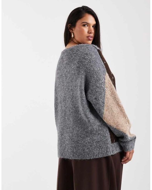 Vero Moda Gray Oversized Argyle Knitted Jumper