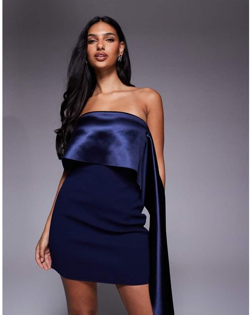 ASOS Blue Bonded Crepe Bandeau Mini Dress With Contrast Satin