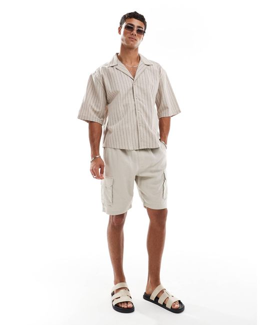 Threadbare Natural Linen Mix Cargo Shorts With Pocket Detail for men