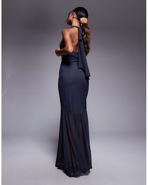 ASOS Blue Twisted Halter Maxi Dress With Sheer Skirt