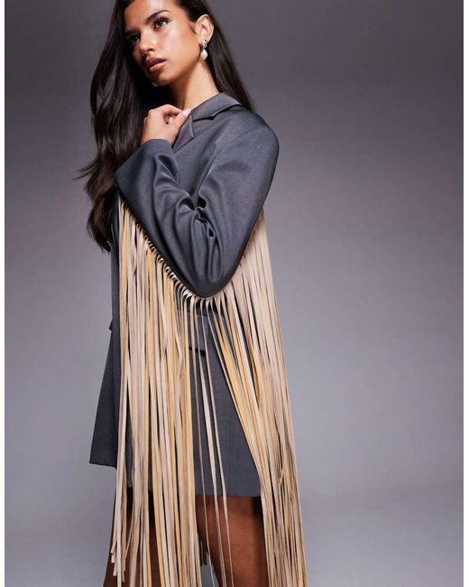 ASOS Gray Oversized Blazer Dress With Faux Leather Fringing