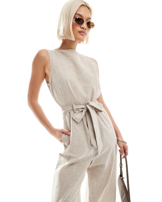 Monki Linen Sleeveless Jumpsuit With Tie Belt Detail in White Lyst