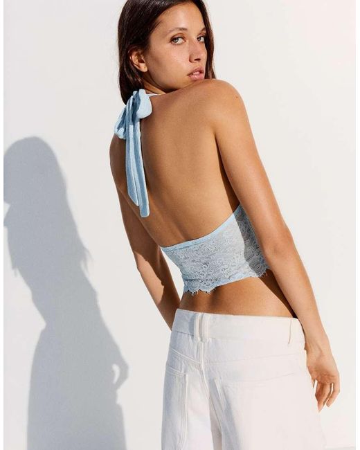 Bershka Blue Rustic Asymmetric Lace Top