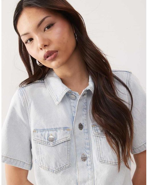 Monki White Denim Tunic Dress With Flippy Hem