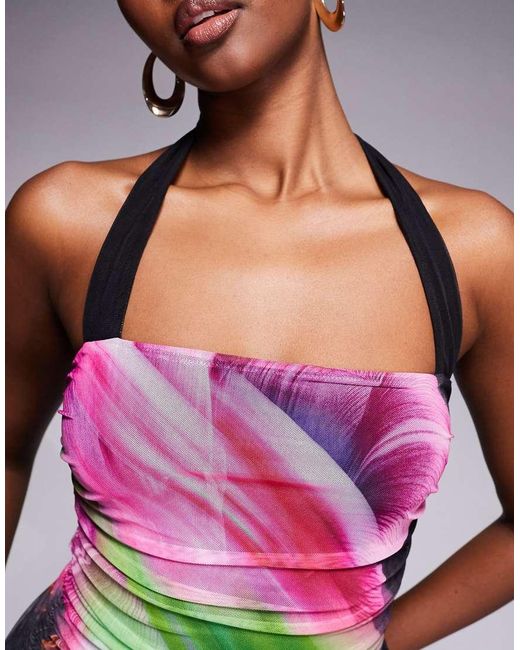 AFRM Bonnie Mesh Halter Neck Ruched Blurred Floral Print Mini Dress