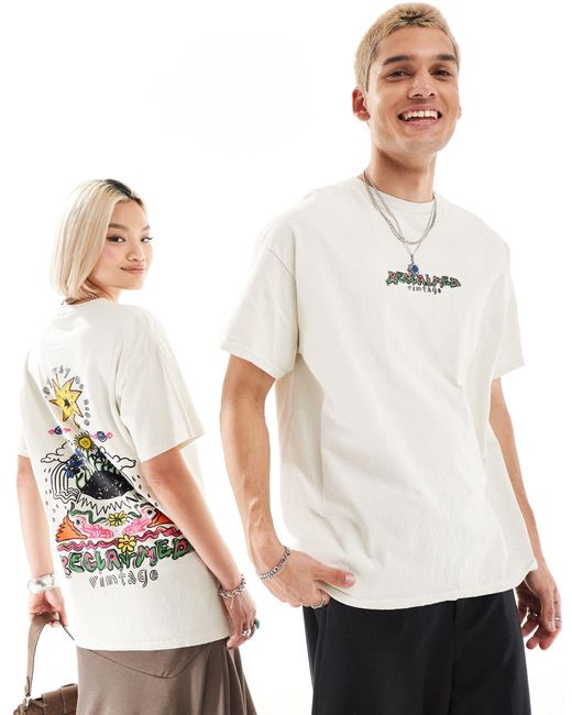 T-shirt oversize unisexe avec motif illustré au dos - taupe délavé Reclaimed (vintage) en coloris White