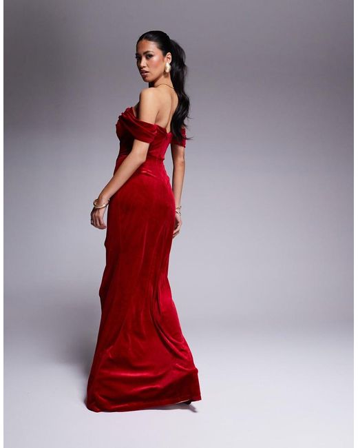 Goddiva Red Off The Shoulder Front Split Velvet Maxi Dress