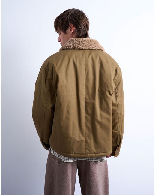 Topman Brown Padded Coach Jacket With Borg Collar for men