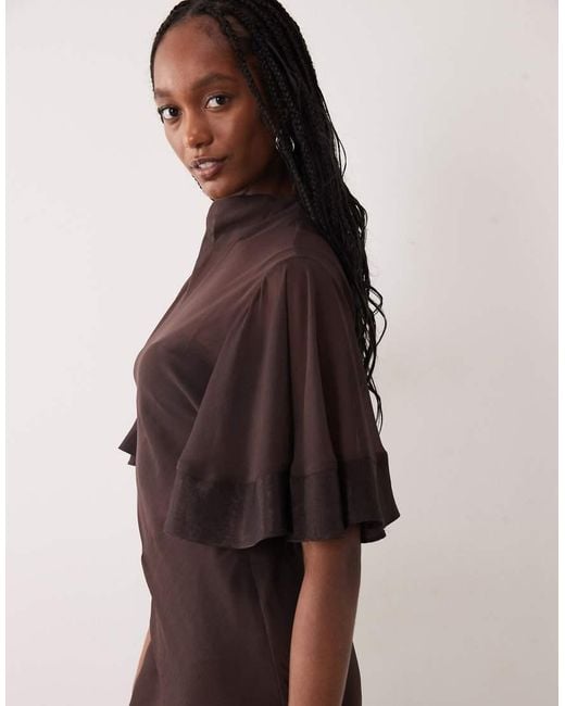 ASOS Brown Asos Design Tall Half Wide Sleeve Column Chiffon And Satin Contrast Dress