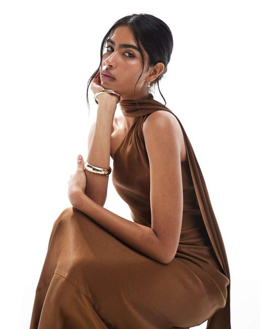 Maids To Measure Brown Bridesmaid One Shoulder Scarf Maxi Dress