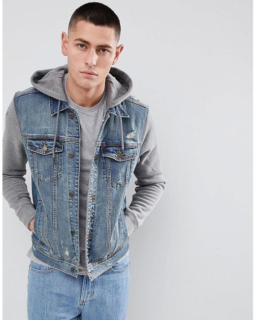 Hollister Blue Hooded Denim Jacket With Gray Sweat Sleeves And Hood In Mid Wash for men