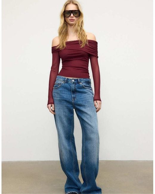Stradivarius Red Asymmetric Tulle Top