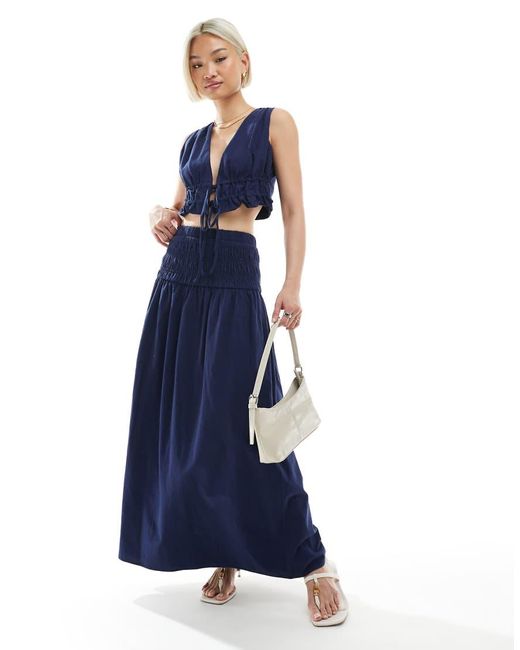 4th & Reckless Blue Linen Look Cropped Tie Front Waistcoat Co-ord