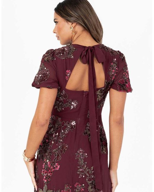 Maya Red Floral Embellished Short Sleeve Open Back Maxi Dress