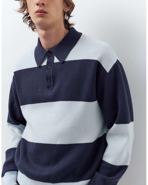 Pull&Bear Blue Long Sleeve Panelled Polo Shirt for men