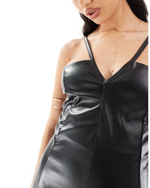 ASOS Black Faux Leather Midi Dress With Plunge Front