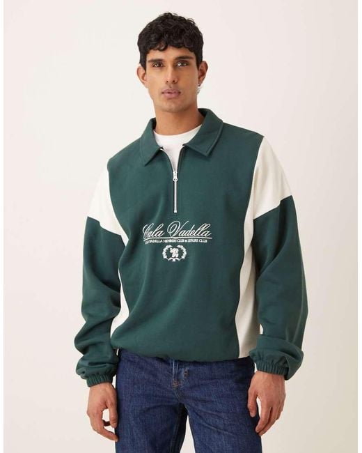 ASOS Green Relaxed Quarter Zip Sweatshirt With Cut & Sew Text Panels for men