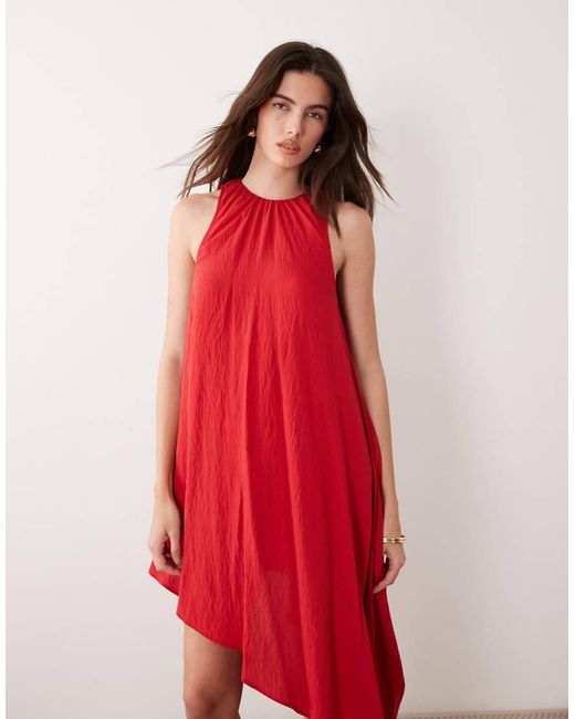 ASOS Red Techy Fabric Asymmetric Hem Volume Mini Dress
