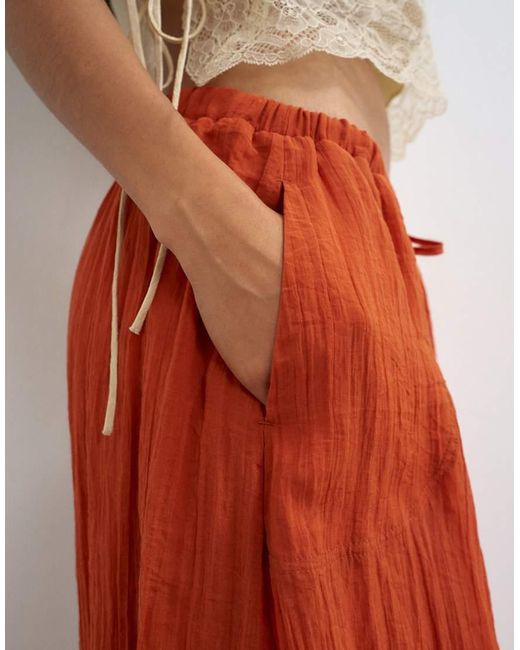 TOPSHOP Red Tie Detail Crinkle Bubble Hem Maxi Skirt