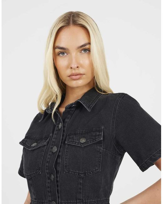 Brave Soul Black Collared A-Line Denim Mini Dress