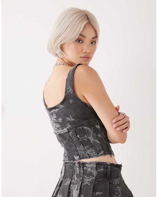 Ed Hardy Gray Love Print Corset Top