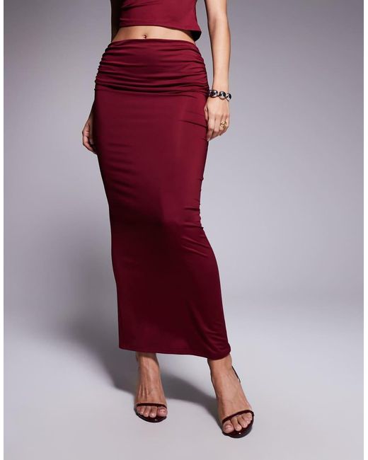 The Frolic Red Exclusive Double Sculpted Slinky Drape Ruched Front Detail Maxi Skirt