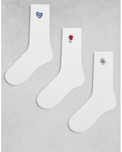 Monki White 3 Pack Ankle Socks With Embroidered Motif