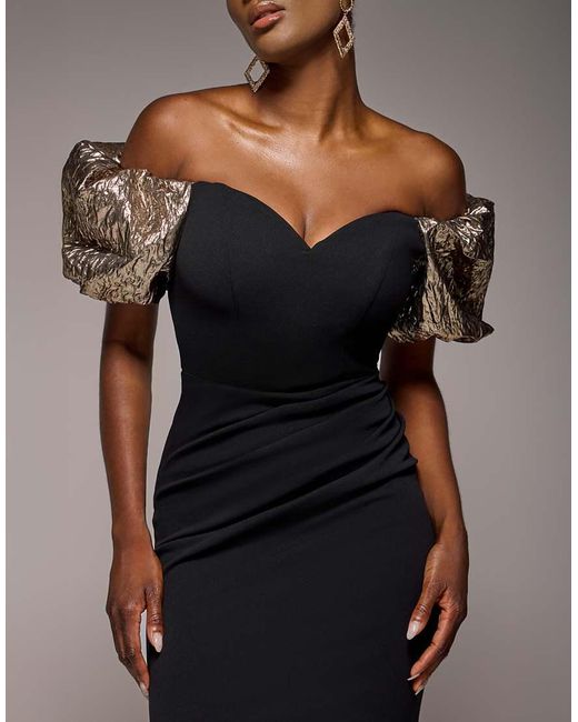 Goddiva Black Jacquard Puff Sleeve Sweetheart Maxi Dress