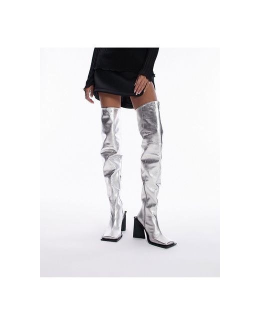 TOPSHOP Black Limited Edition Freya Premium Leather Thigh High Square Toe Boot