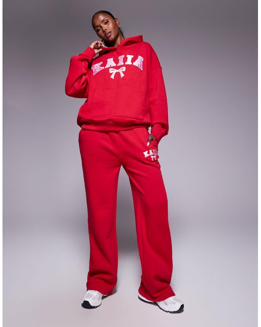 Kaiia Red Embroide Bow Logo Oversized Hoodie Co-ord