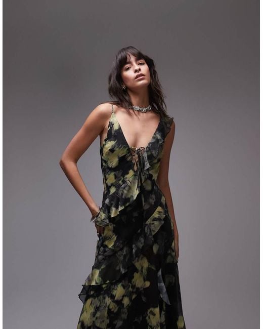 TOPSHOP Gray Maxi Slip Dress With Frills