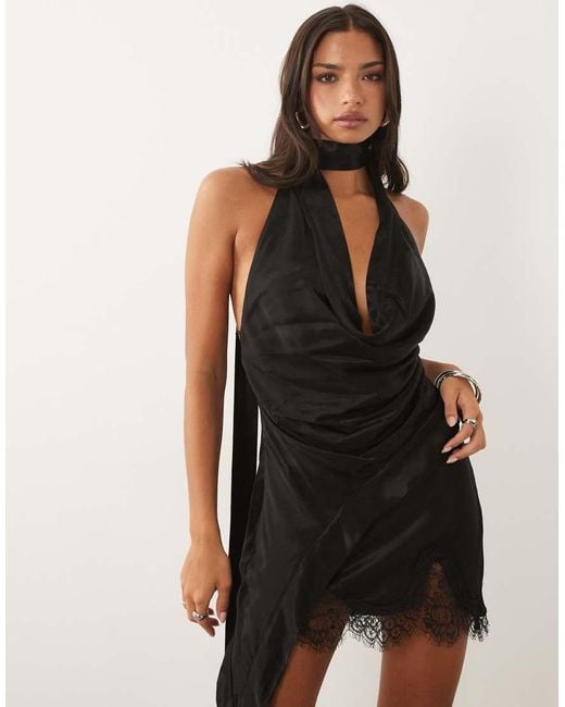 Bardot Natural Liora Satin Mid Rise Lace Hem Mini Skirt
