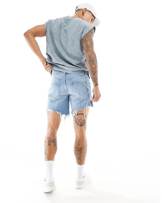 ASOS Blue Mid Length Slim Denim Shorts With Heavy Ripped Hem for men