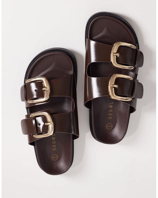 SEQWL Brown Double Buckle Flat Sandals