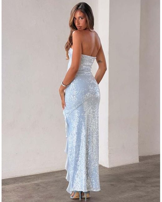 Tiger Mist White Theo Sequin Bandeau Ruffle Detail Thigh Slit Maxi Dress