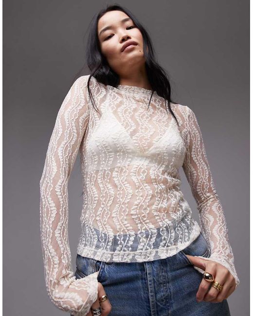 TOPSHOP Gray Wave Lace High Neck Top
