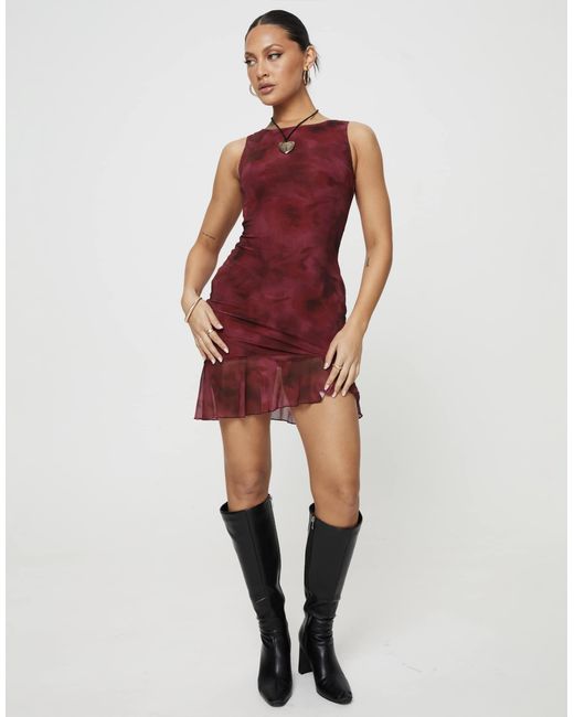 Princess Polly Red Molita Mesh Sleeveless Asymmetric Ruffle Hem Mini Dress