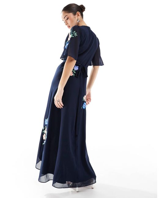 Hope & Ivy Blue Embroidered Flutter Sleeve Maxi Wrap Dress With Tie Waist