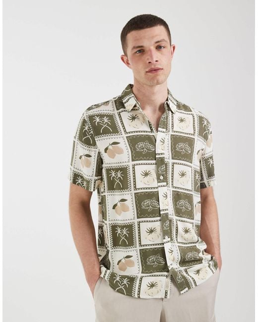 Blend Brown 100% Cotton Regular Fit Summer Patchwork Print Shirt for men