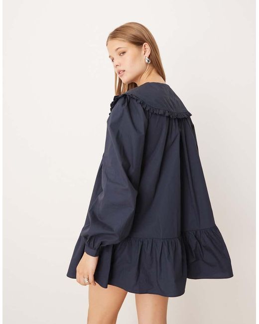 Glamorous Blue Long Sleeve Poplin Pintuck Shirt Mini Dress