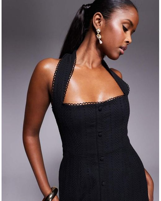 Murci Black Exclusive Broderie Square Neck Halterneck Button Through Mini Dress