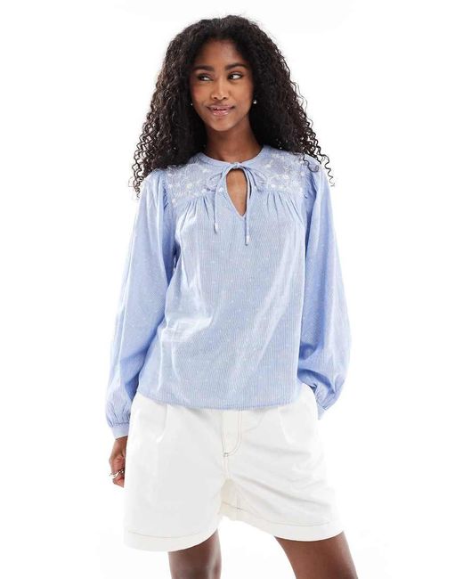 Vero Moda Blue Tie Front Embroidered Blouse