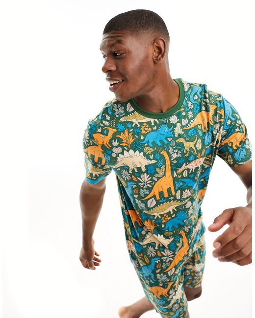 Chelsea Peers Blue Dinosaur Short Pyjama Set for men