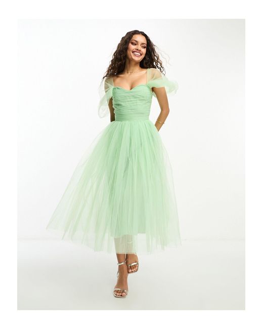 LACE & BEADS Green Ruched Tulle Midaxi Dress
