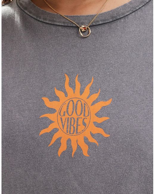 Noisy May Gray Oversized T-shirt With Good Vibes Print